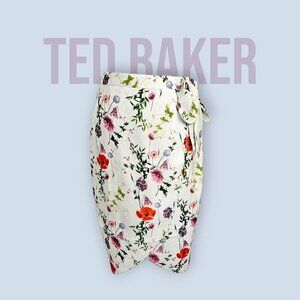 Ted Baker NWOT White Midi Skirt With Faux Waist Tie and Flowers Sz 1 4